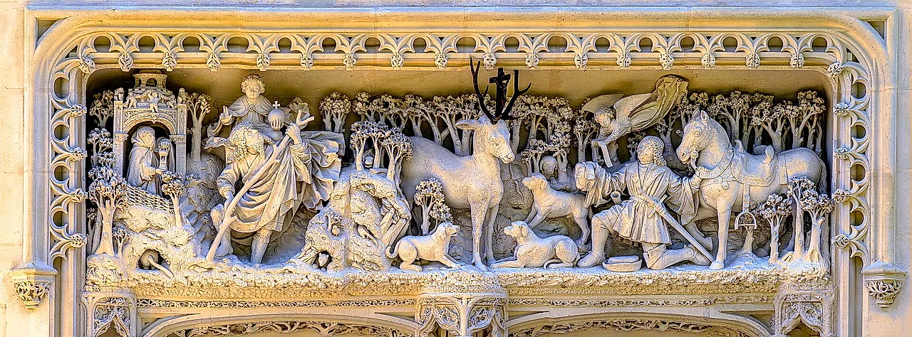 Carved lintel of the Saint-Hubert chapel at Amboise showing the legend of the stag and the hunter saint