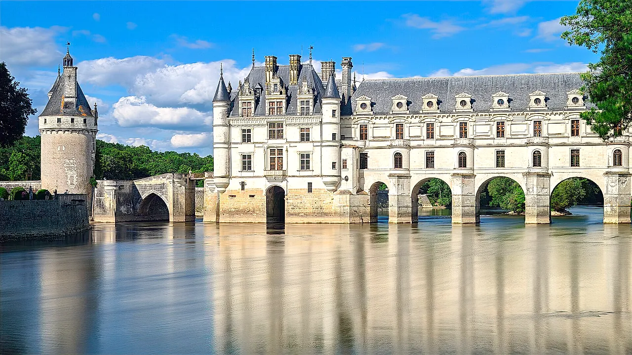 The gallery of Château de Chenonceau on its arches over the river Cher