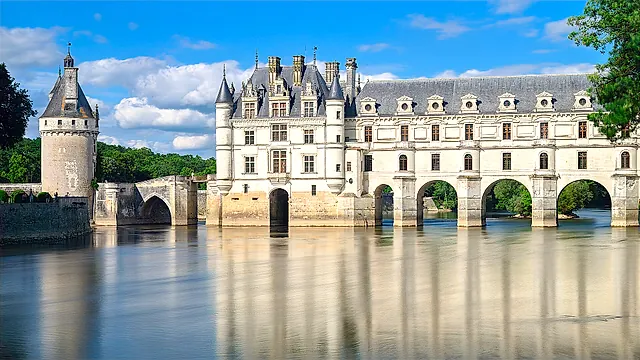 The gallery of Château de Chenonceau on its arches over the river Cher
